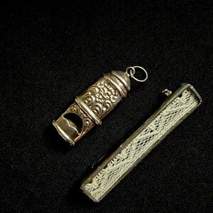 STERLING SILVER vintage whistle pendant and framed lace pin